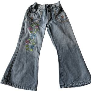 Toddler Girls Embroidered Bell Bottom blue Jeans Sz 4 ISW Embellished